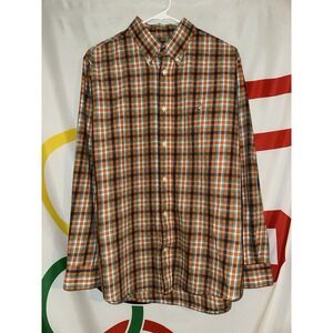 Mobile Bay Button Up Shirt Mens Medium Orange Blue Plaid Long Sleeve Cotton
